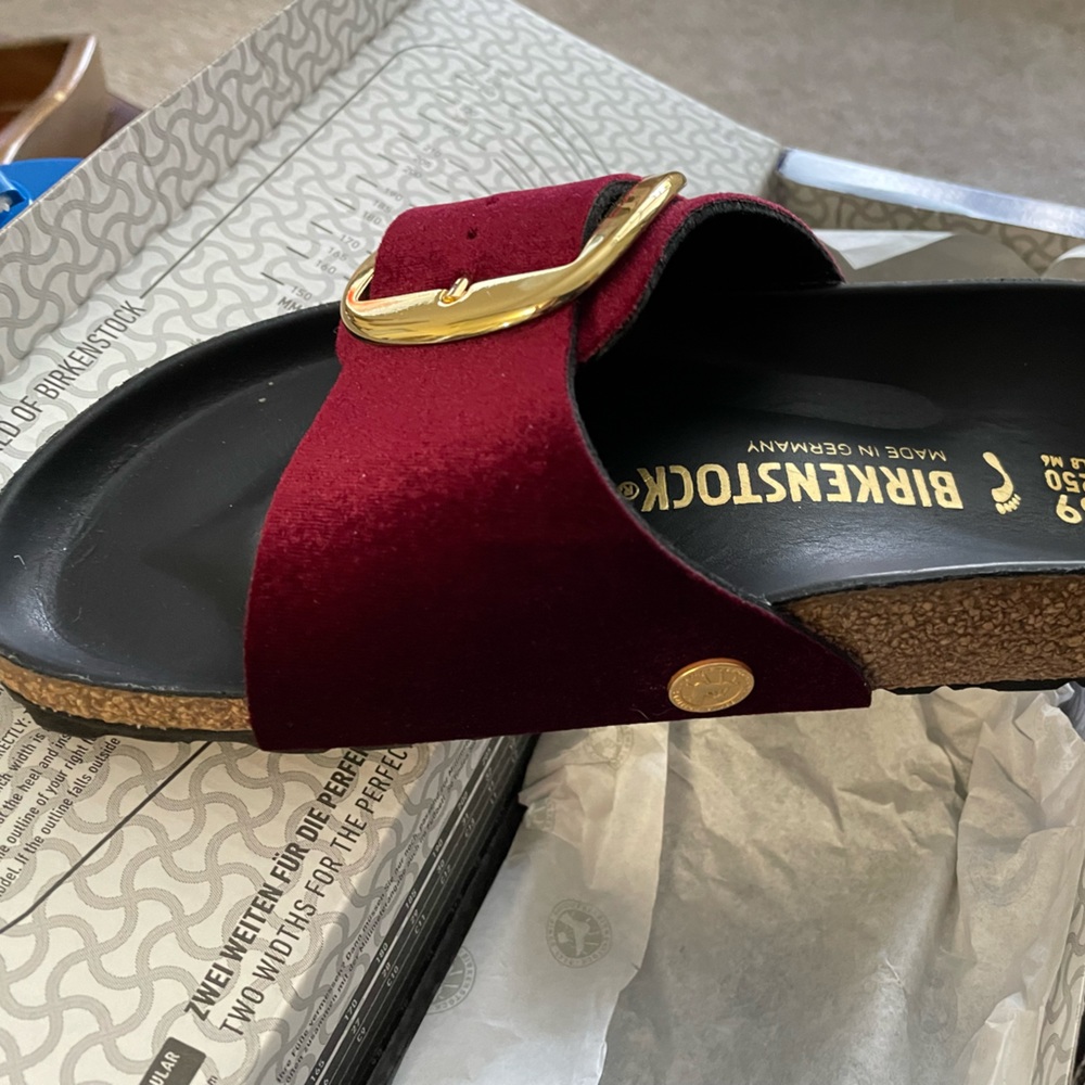 Brand new in box,  red velvet,  big buckle Birkenstock slides